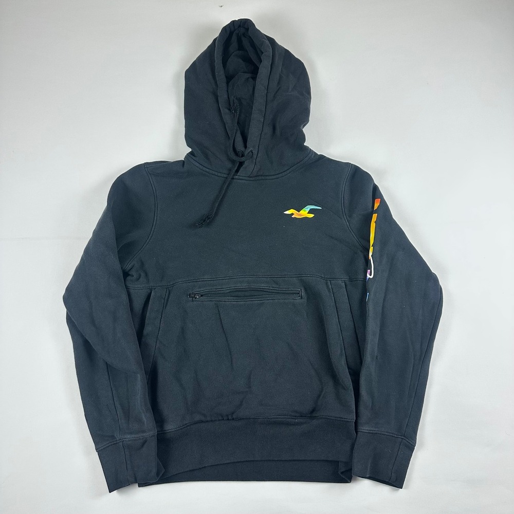 Hollister Black Hoodie Rainbow Bird Logo Graphic Pocket Casual Womens XS‎
